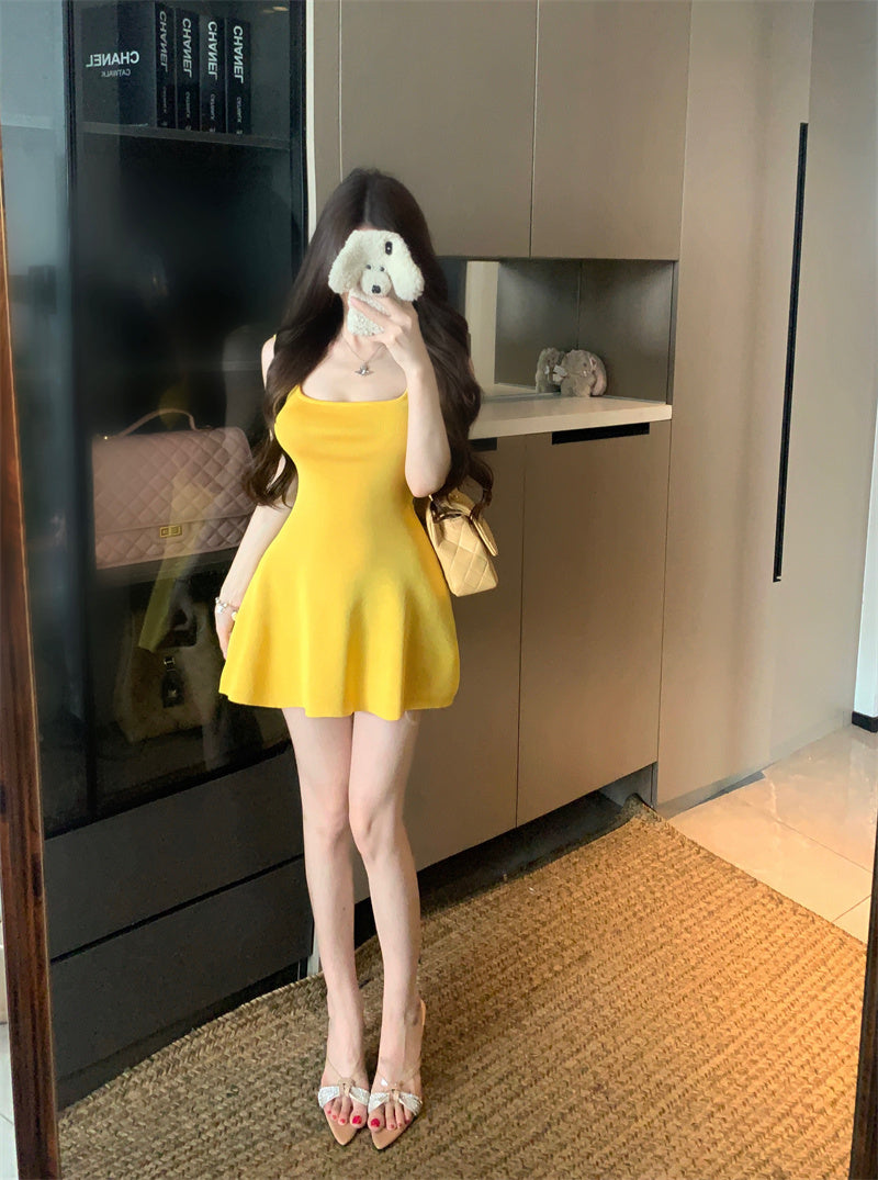 💕夏季法式方領針織連衣包臀短裙