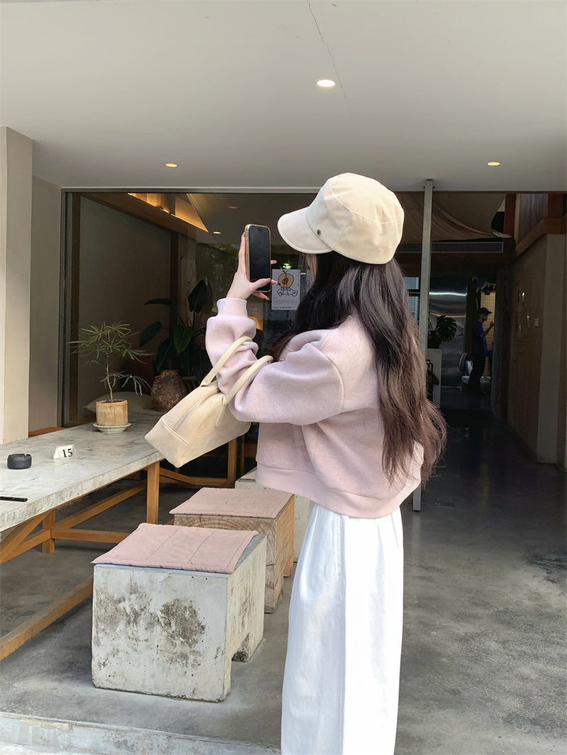 💕韓系通勤粉色棒球短款毛呢外套