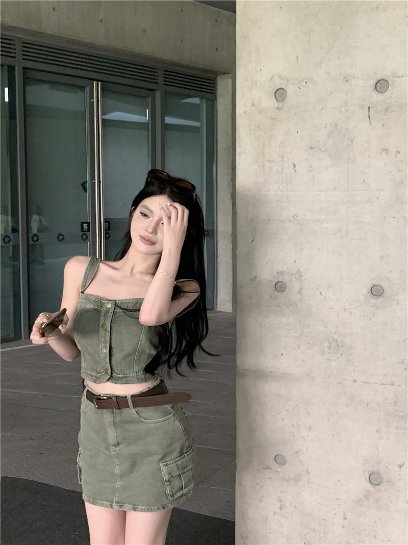 💕辣妹復古吊帶背心上衣配高腰半身裙牛仔套裝