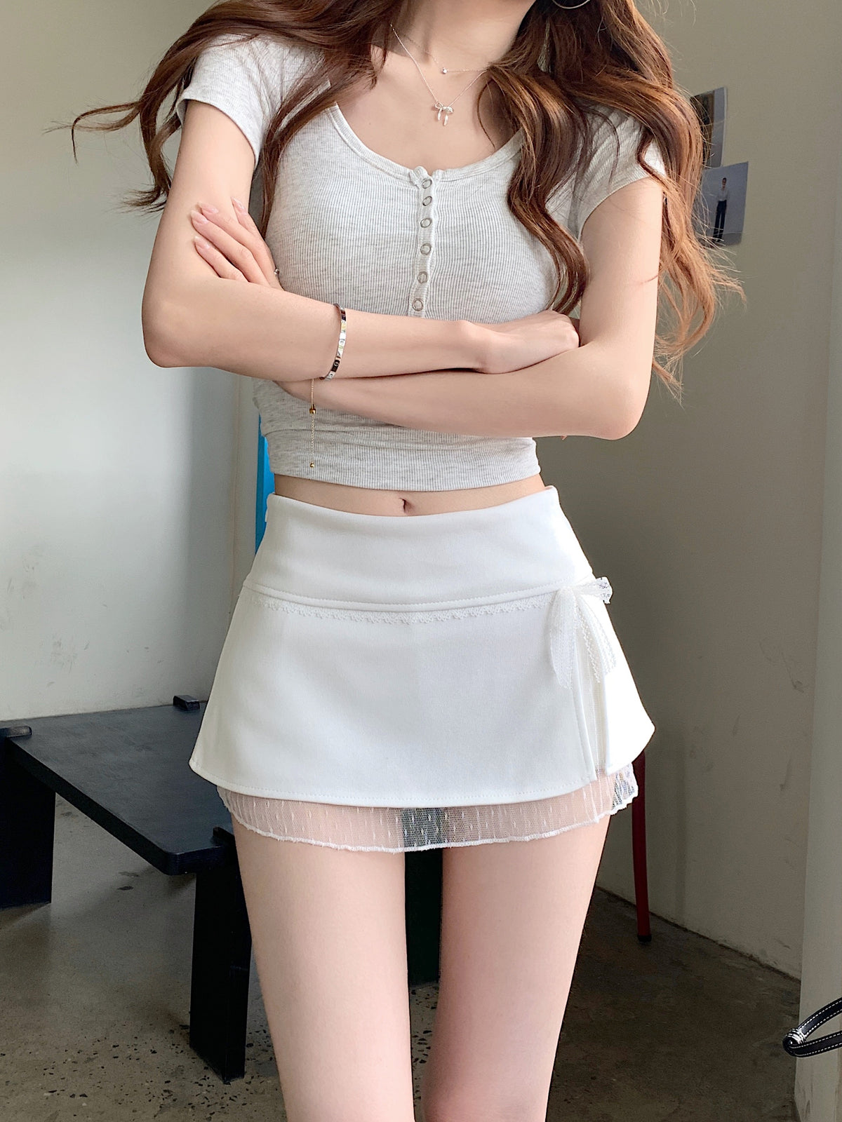 💕溫柔氣質蕾絲拼接開衩高腰A字短裙