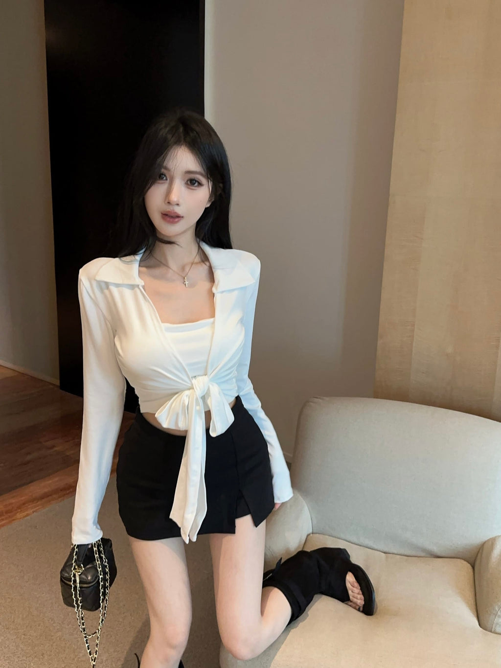 💕綁帶胸墊長袖翻領開衫吊帶兩件套