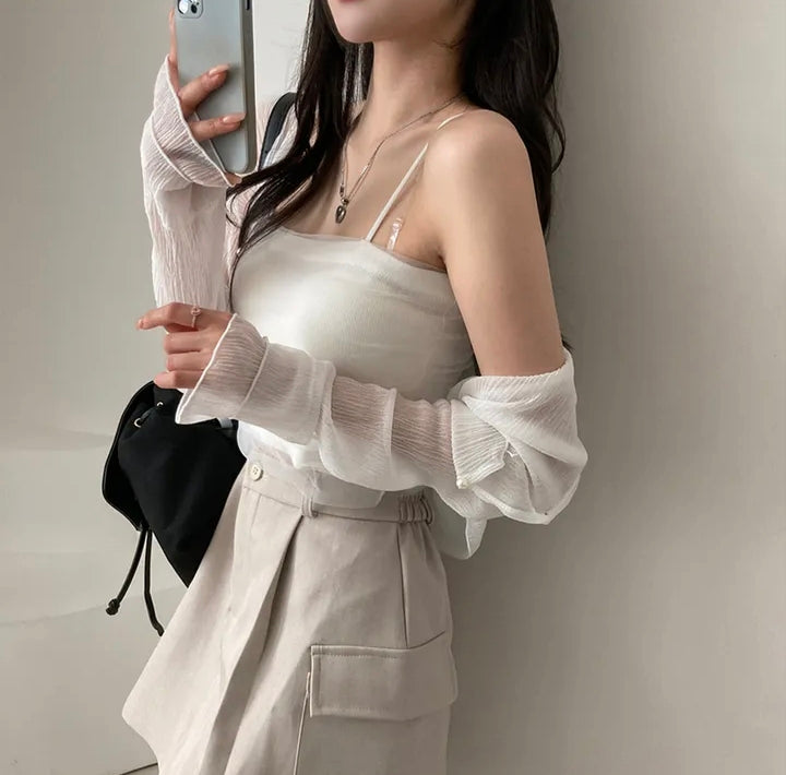 💕春夏防曬長袖雪紡開衫+網紗拼接針織吊帶