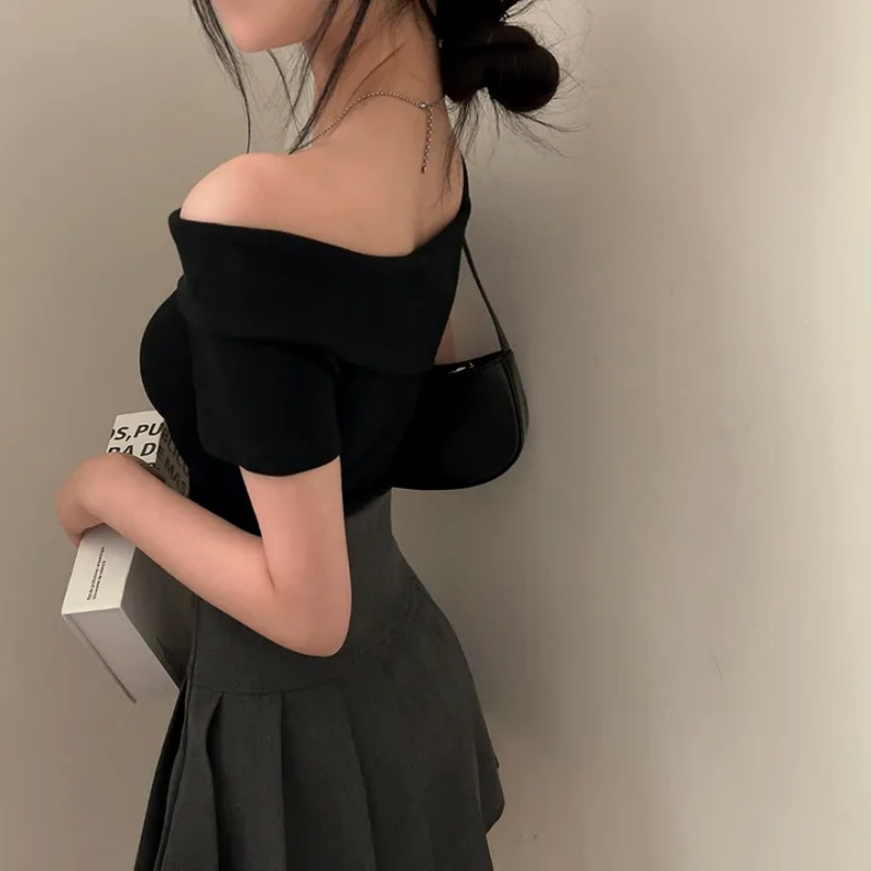 💕韓系chic修身氣質顯瘦斜肩上衣