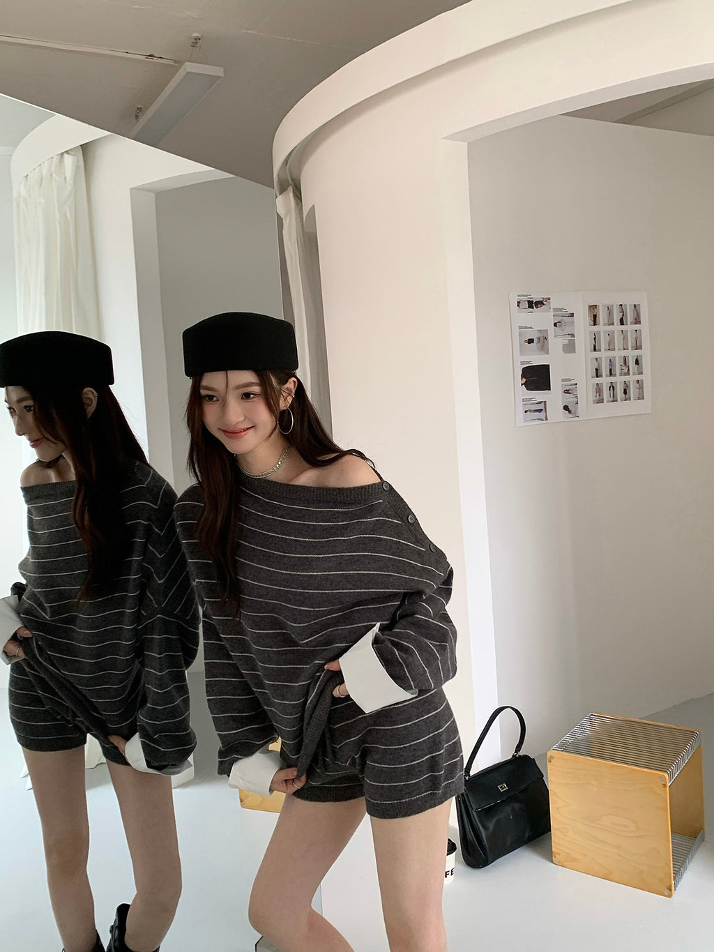 💕韓系斜肩針織寬鬆慵懶風兩件套