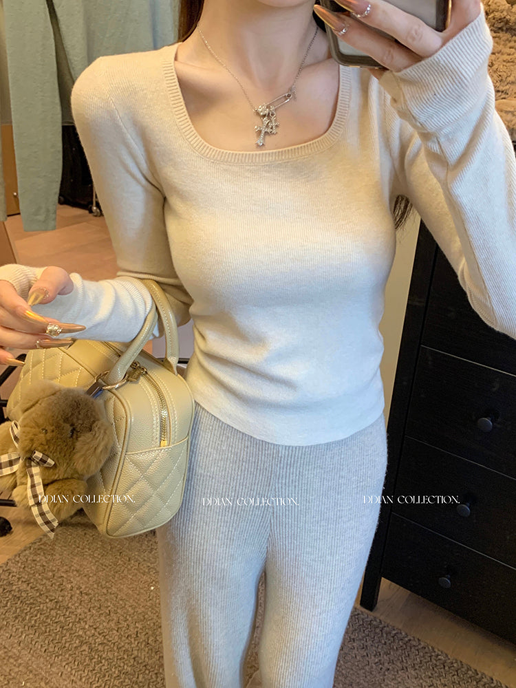 💕chic高級感簡約方領素色百搭長袖上衣