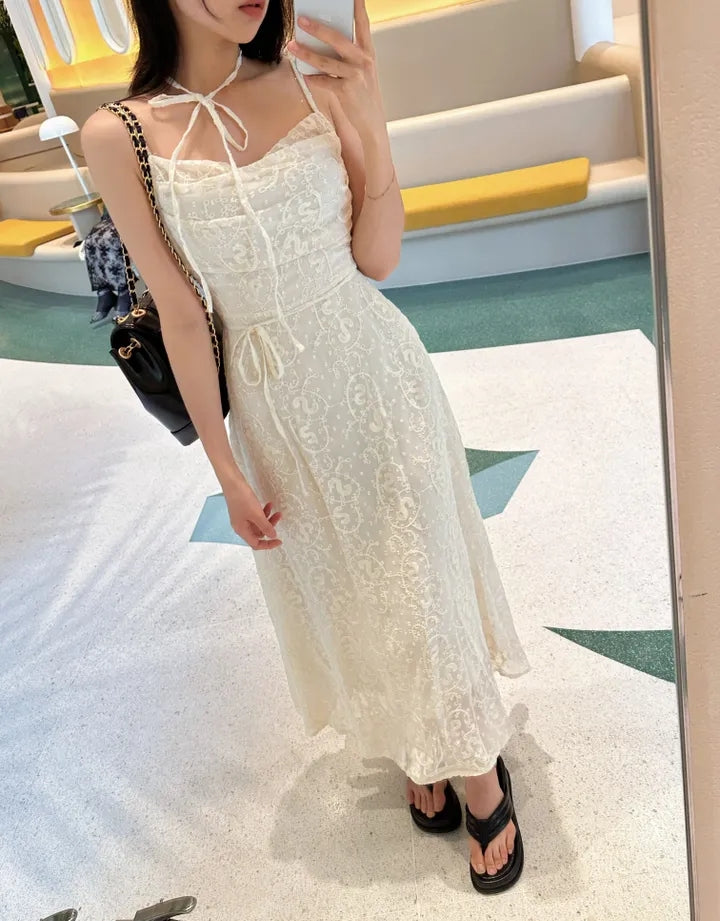 💕ihs系溫柔蕾絲性感露背鬆緊系帶收腰吊帶長裙