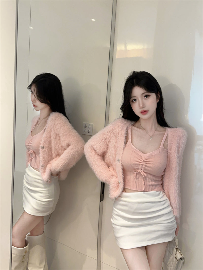 💕法式仿貂毛V領針織吊帶兩件套