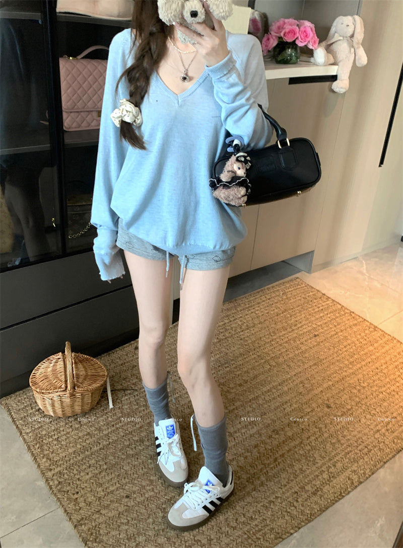 💕寬鬆薄款軟糯柔軟V領針織上衣