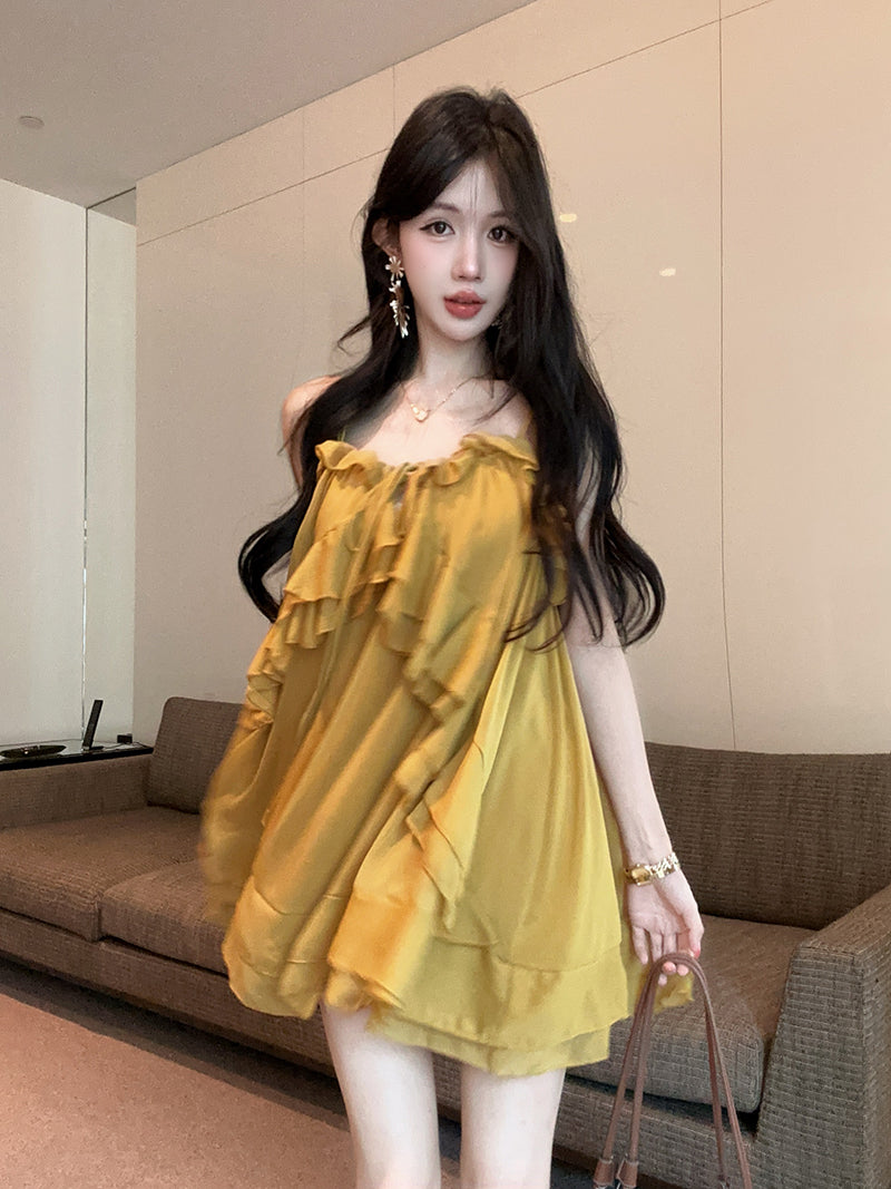 💕氣質重工吊帶荷葉邊不規則連衣裙