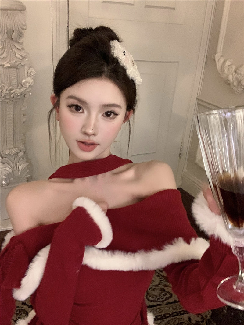 💕法式秋冬聖誕氣息掛脖毛邊包臀短裙