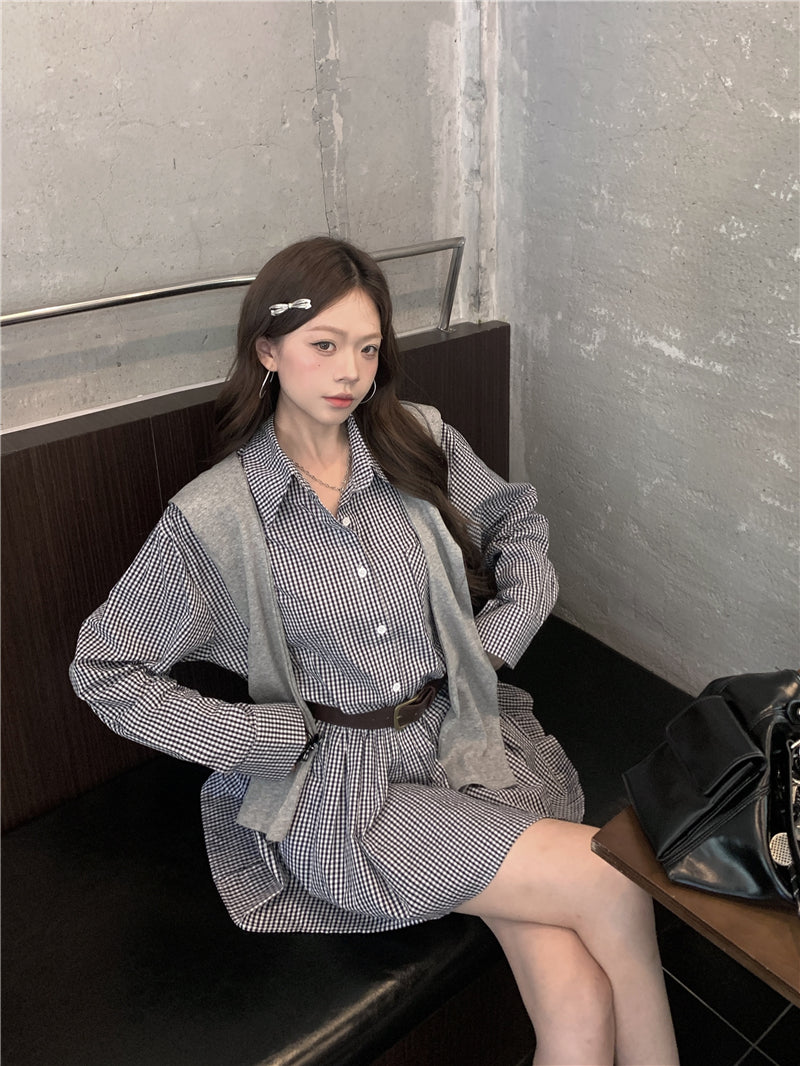 💕韓系格子襯衫連衣裙+連帽披肩配腰帶