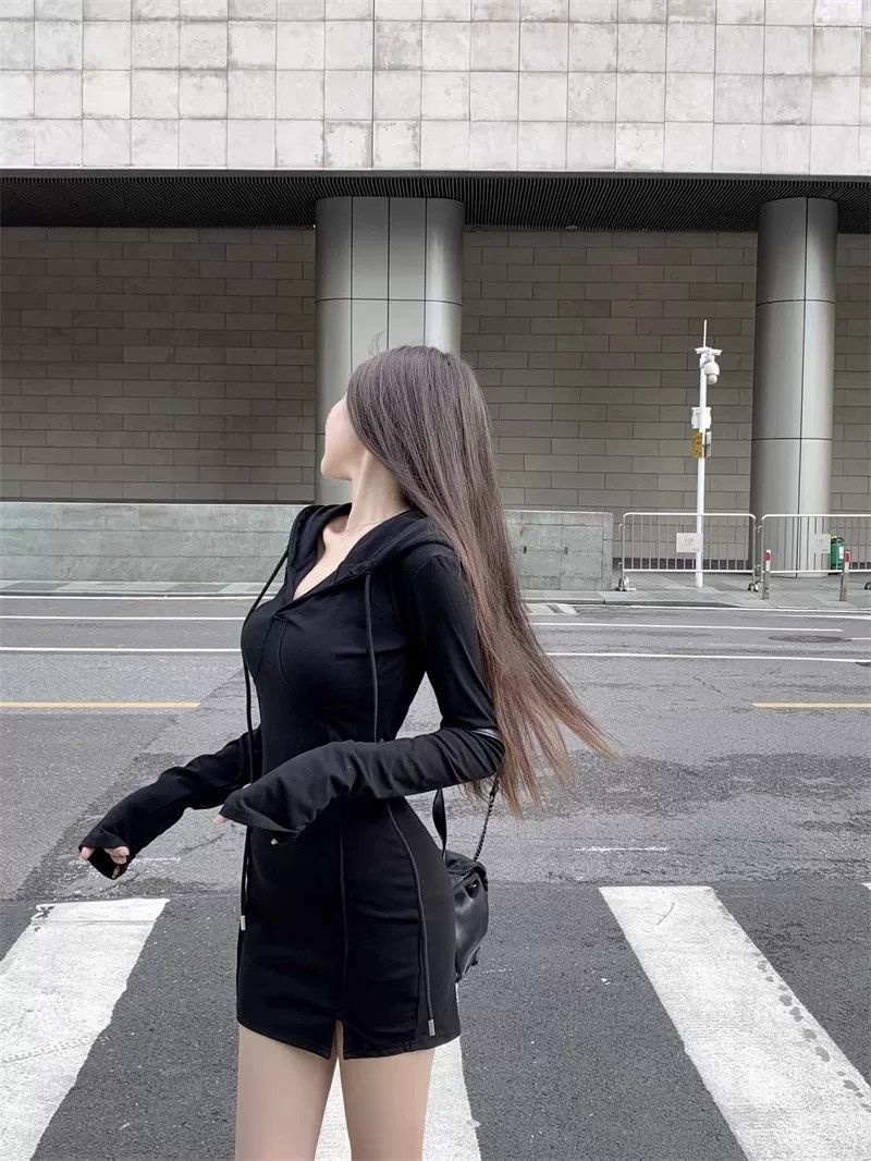 💕簡約純欲辣妹緊身連帽包臀收腰短裙