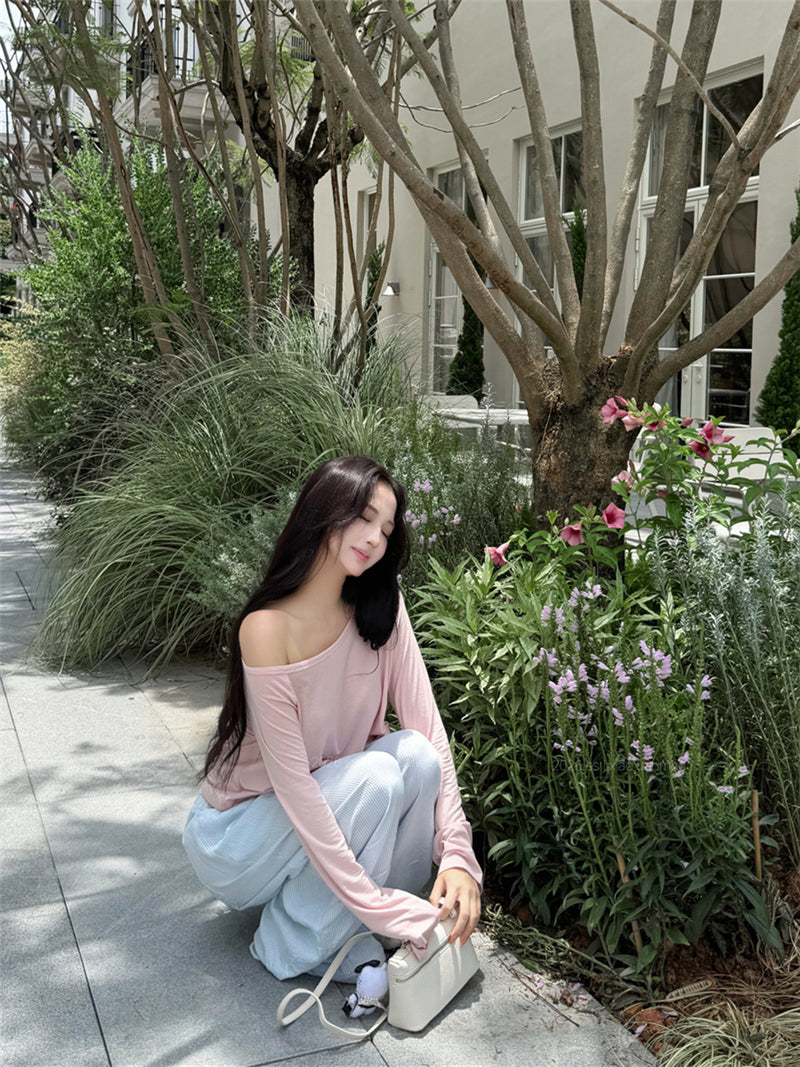 💕溫柔懶人斜肩長袖短款露臍上衣&條紋寬褲兩件套