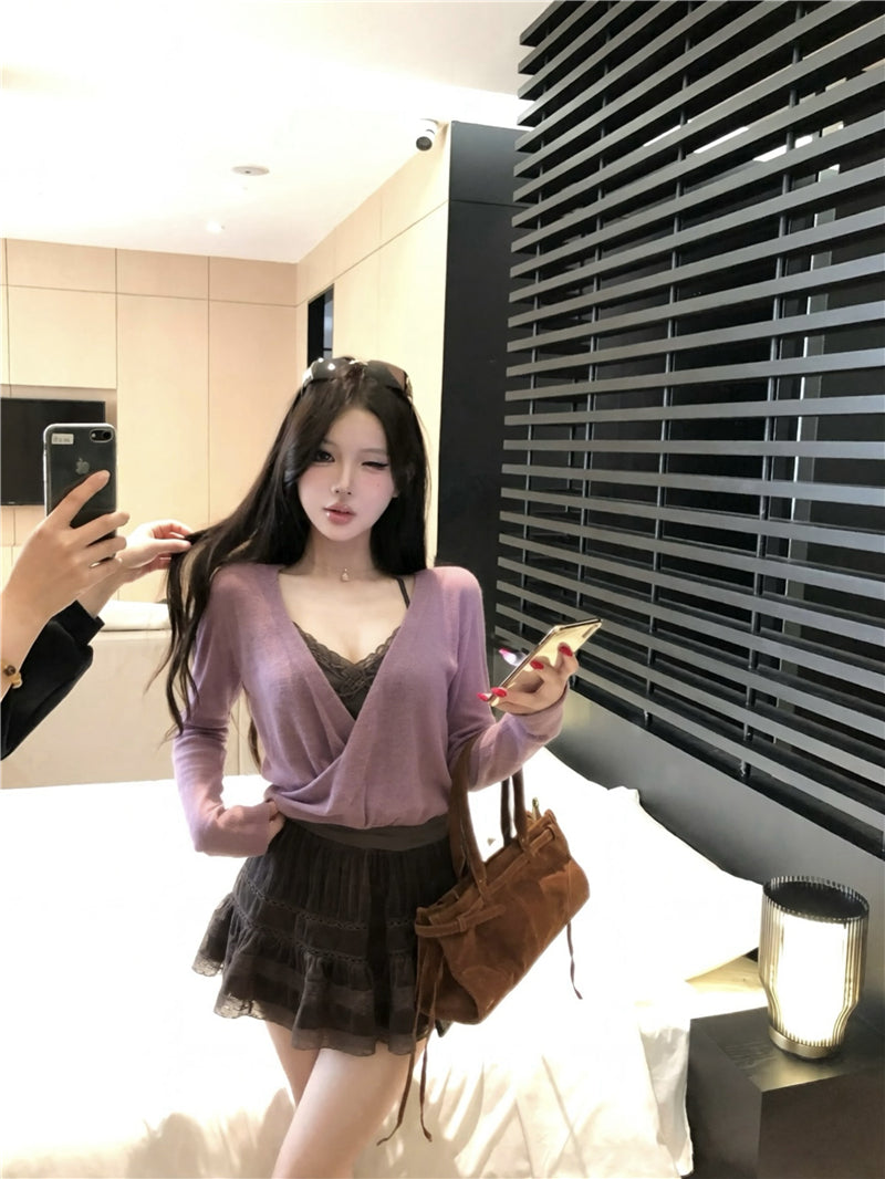 💕甜美純欲交叉設計感開衫內搭吊帶三件套