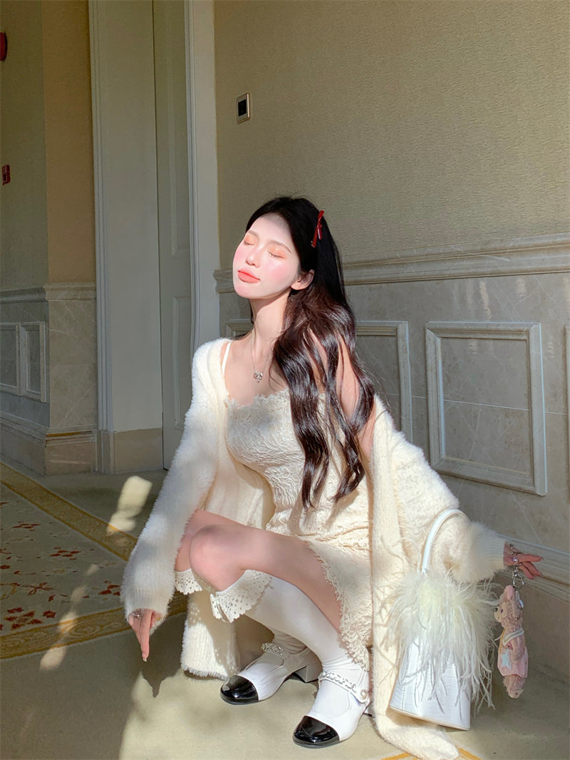 💕溫柔秋冬慵懶風修身蕾絲吊帶裙開衫兩件套