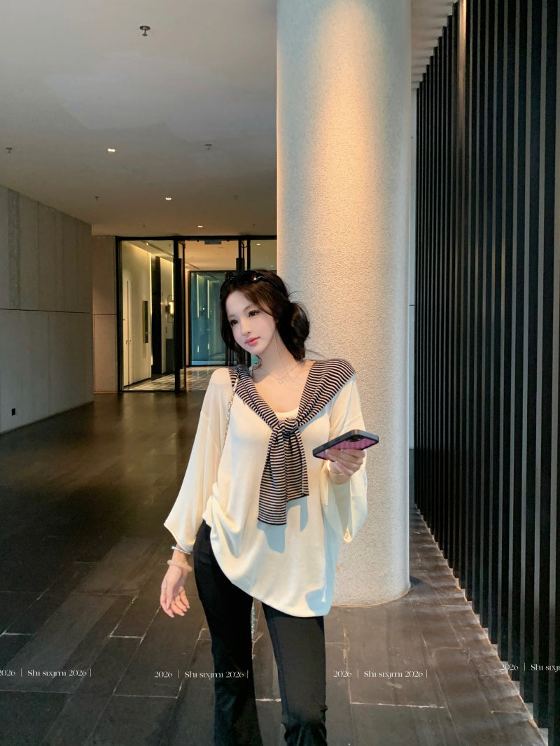 💕百搭條紋披肩深U領中袖T袖+七分微喇叭瑜珈褲