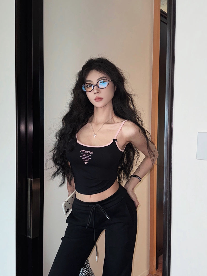 💕辣妹修身顯瘦蝴蝶結字母印花短款吊帶背心上衣