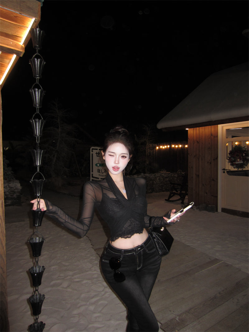 💕性感微透網紗長袖V領蕾絲吊帶內搭上衣兩件套