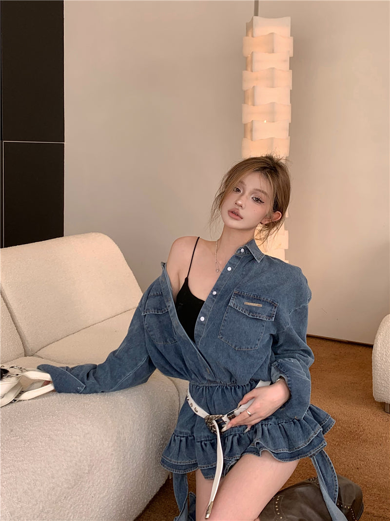 💕辣妹不規則飄帶牛仔長袖蛋糕短裙