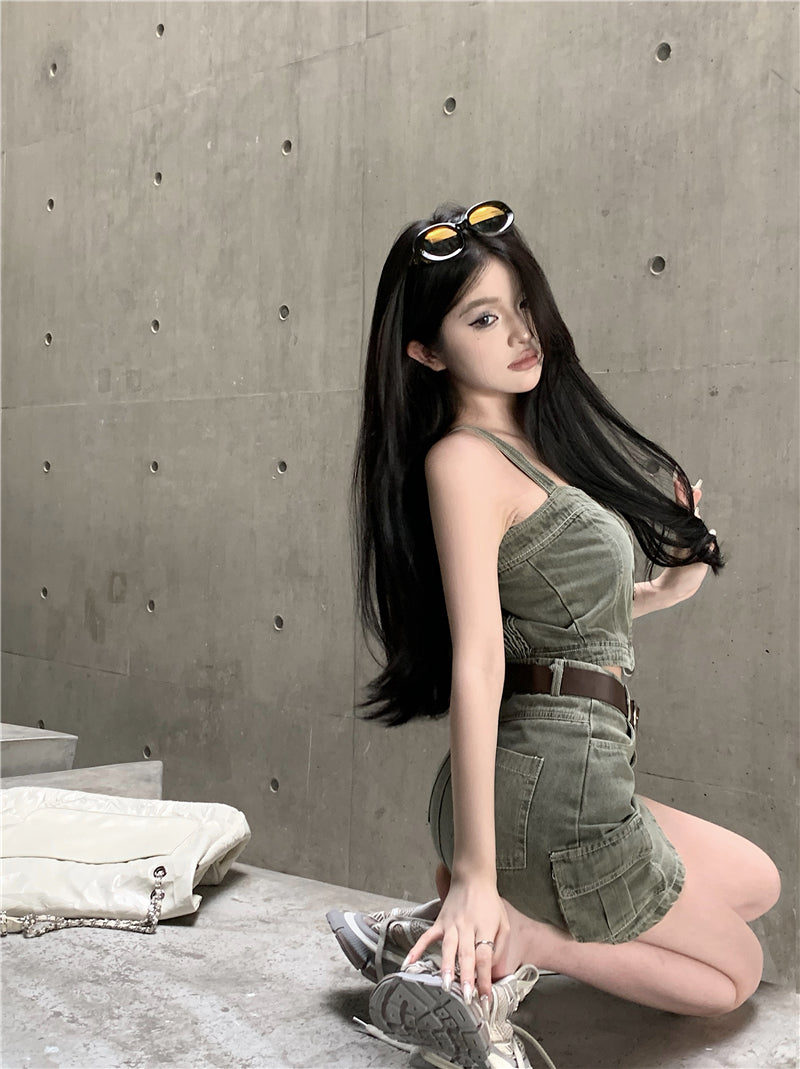 💕辣妹復古吊帶背心上衣配高腰半身裙牛仔套裝
