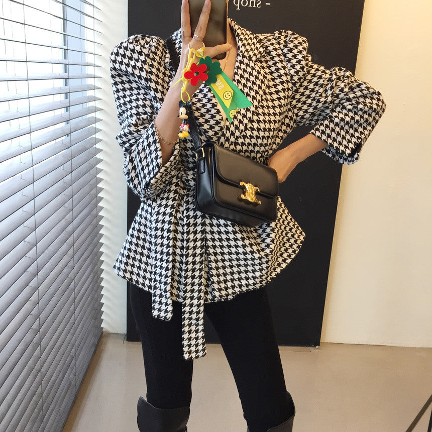 💕秋冬法式泡泡袖系帶收腰千島格大衣外套
