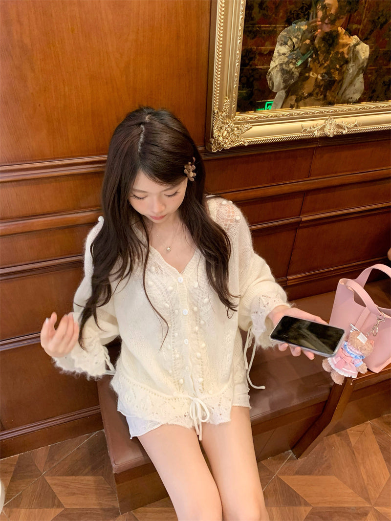 💕韓系重工連帽勾花慵懶針織開衫