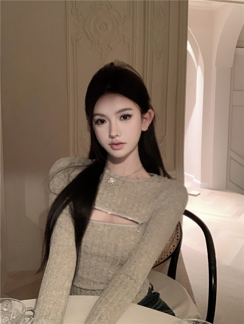 💕氣質柔軟可拉拉鍊圓領針織長袖打底衫