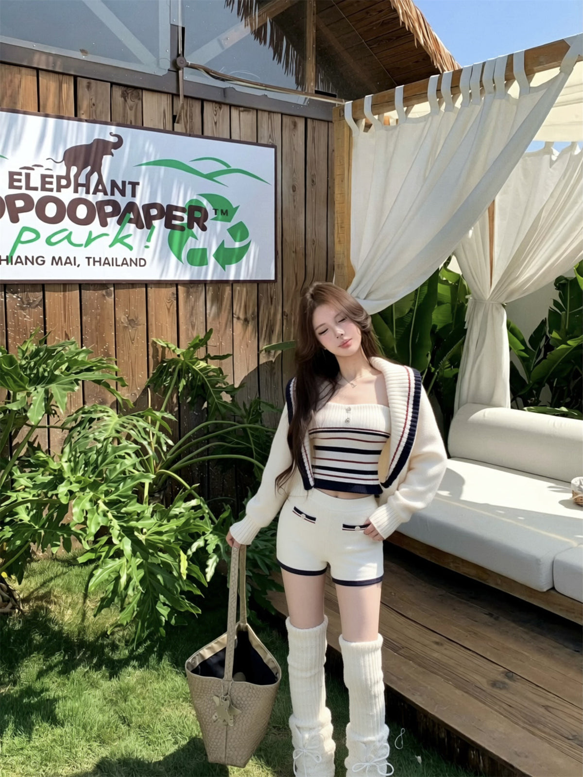 💕休閒慵懶條紋大翻領針織背心三件套