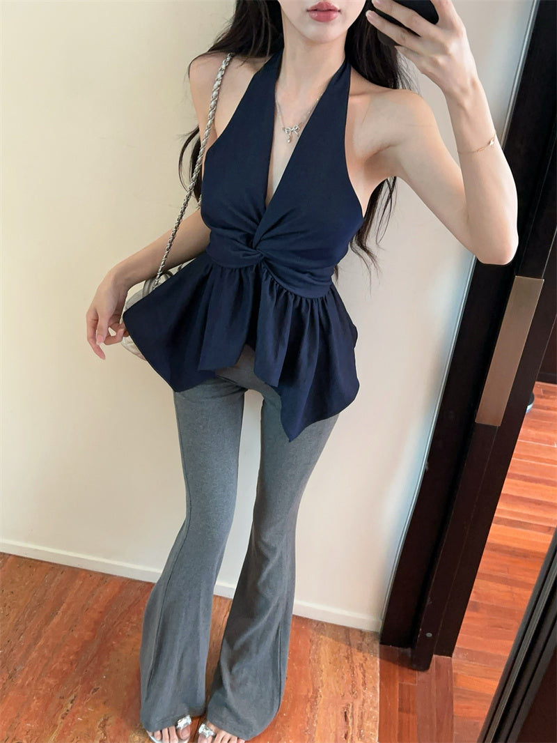 💕氣質深V牛仔掛脖露背顯瘦抹胸背心