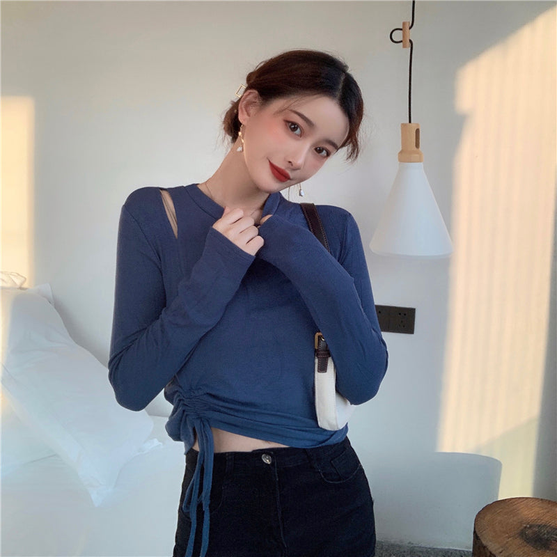 💕純色百搭鏤空側邊抽繩彈力打底上衣
