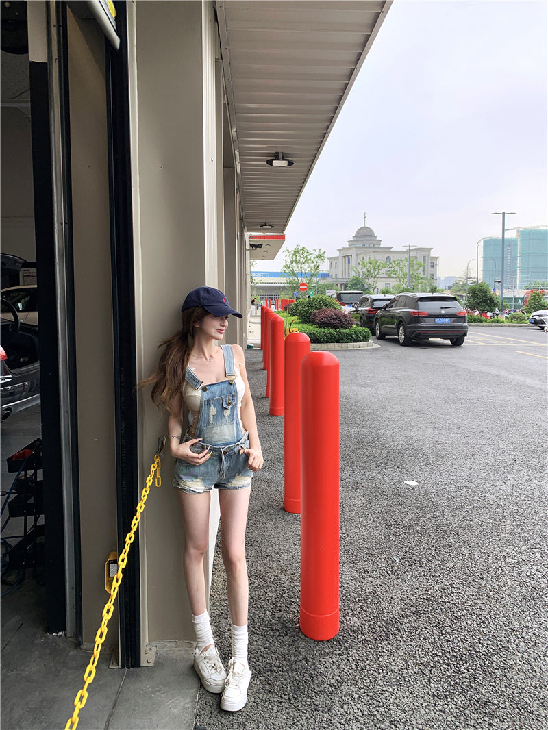 💕活潑俏皮百搭牛仔背帶短褲