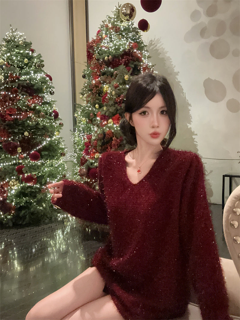 💕顯白氣質高級V領金絲碎亮長袖上衣