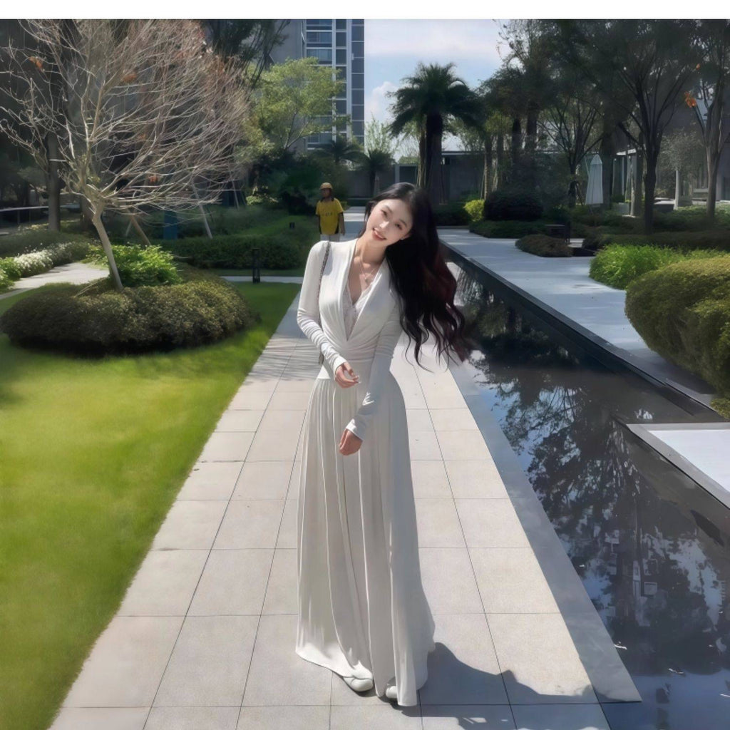 💕純欲深V氣質宴會蕾絲約會白色連衣裙