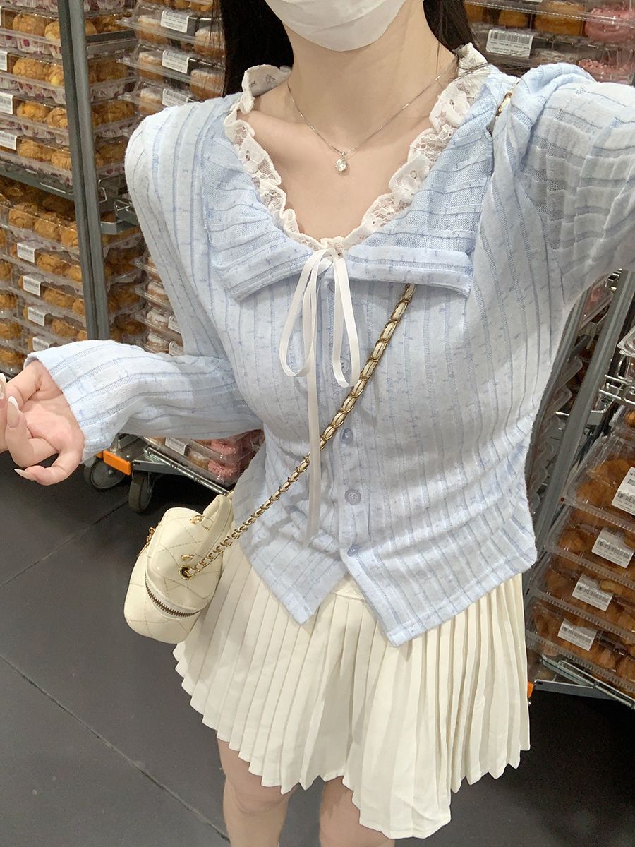 💕溫柔雪花條磨毛純欲藍色蕾絲假兩件上衣