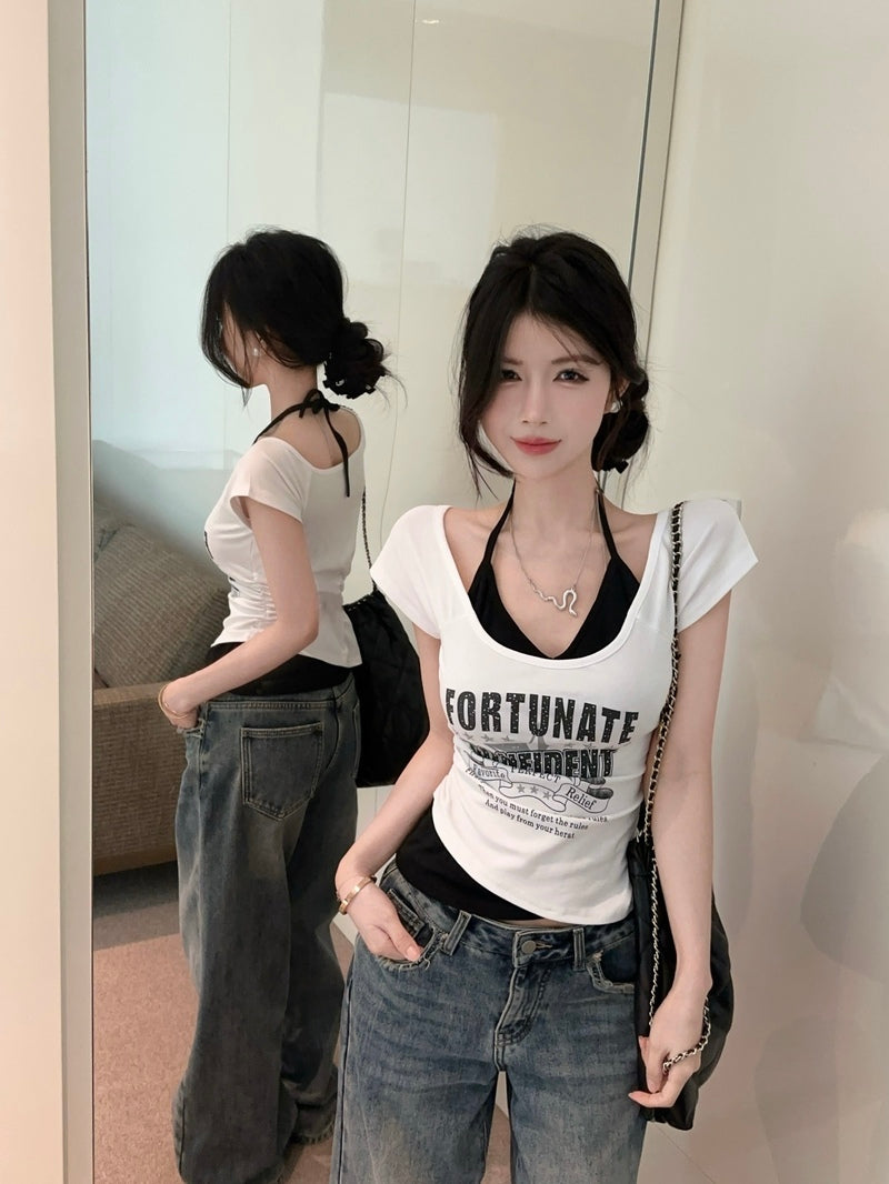 💕夏季新款小心機掛脖假兩件上衣