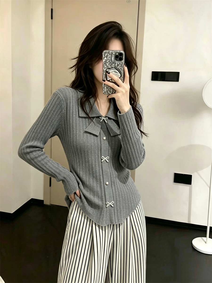 💕小香風蝴蝶結polo領長袖針織毛上衣
