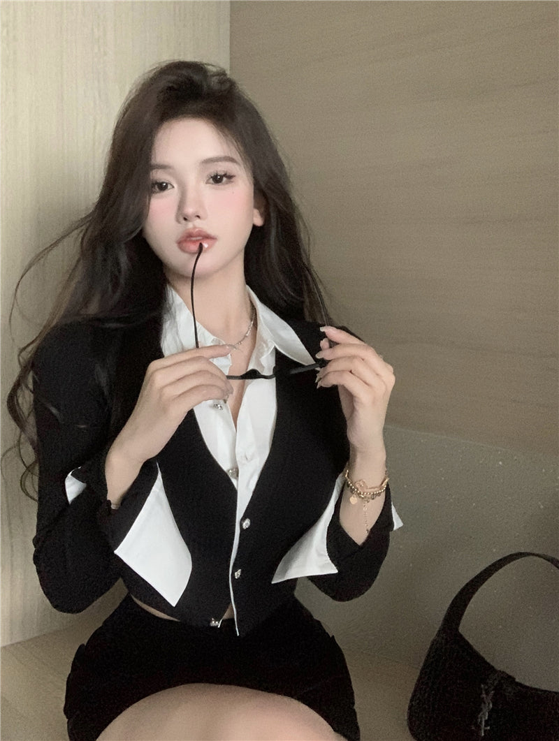 💕純御辣妹修身短款黑色假兩件長袖襯衫