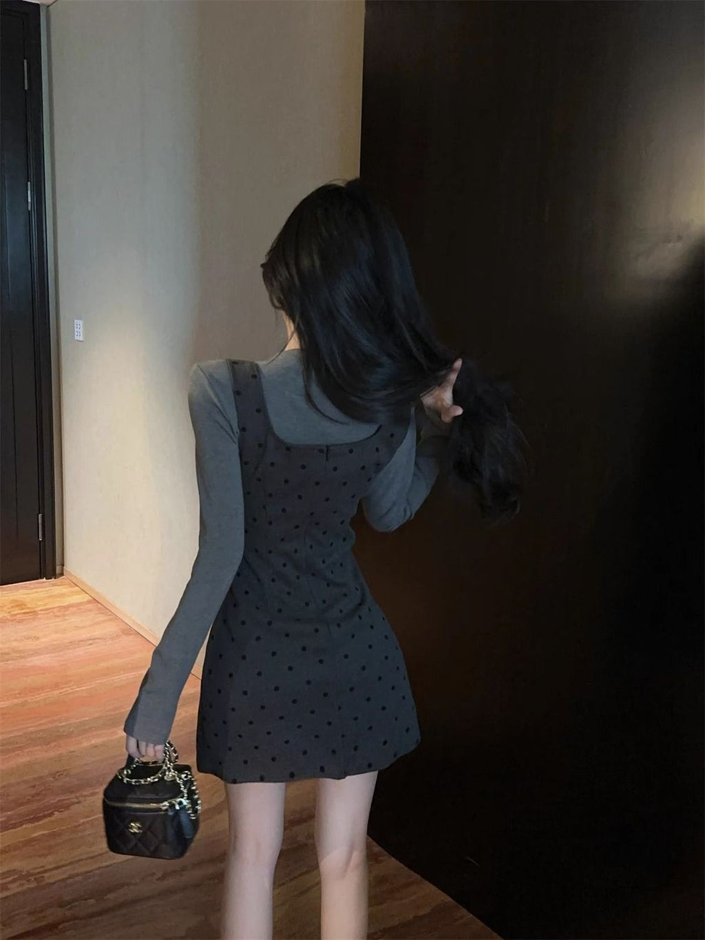 💕法式蝴蝶結飄帶圓領點點背帶兩件套