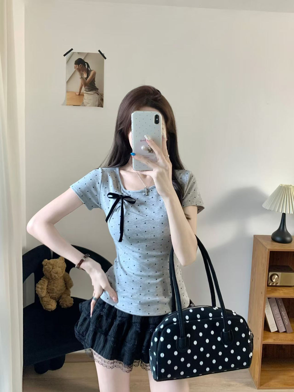 💕簡約百搭休閒帶胸墊蝴蝶結點點正肩上衣