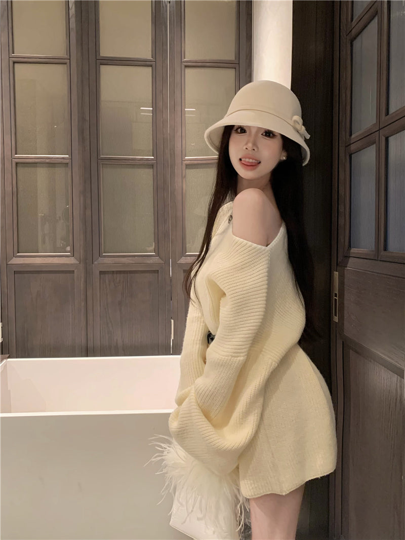 💕氣質甜美露肩針織寬鬆配腰帶連衣裙