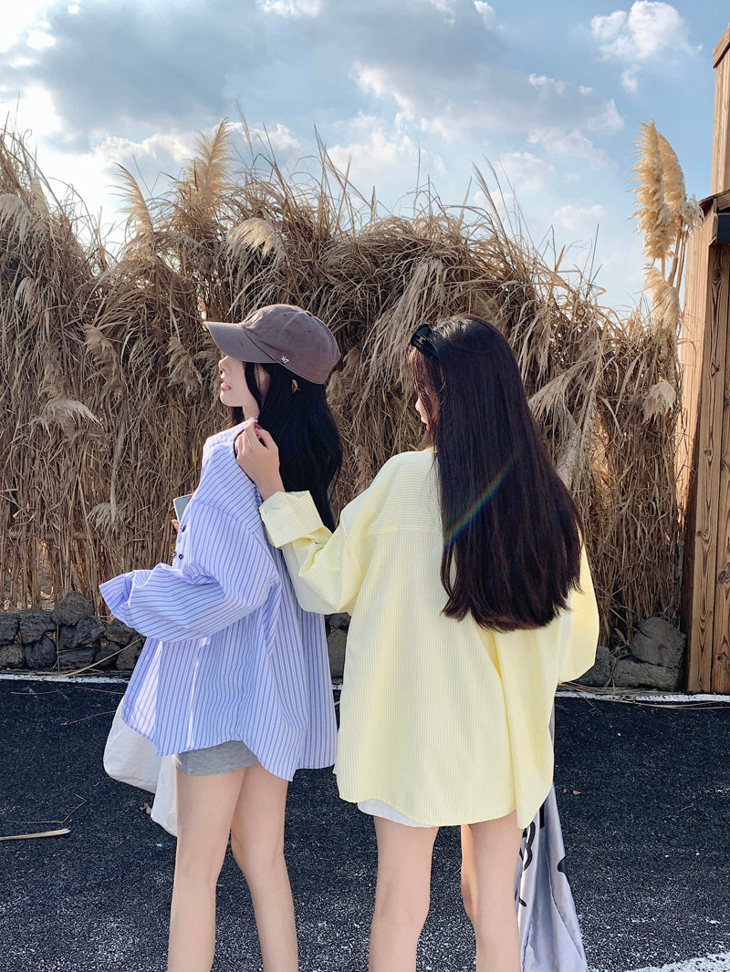 💕青春寬鬆百搭別緻彩色鈕扣條紋襯衫
