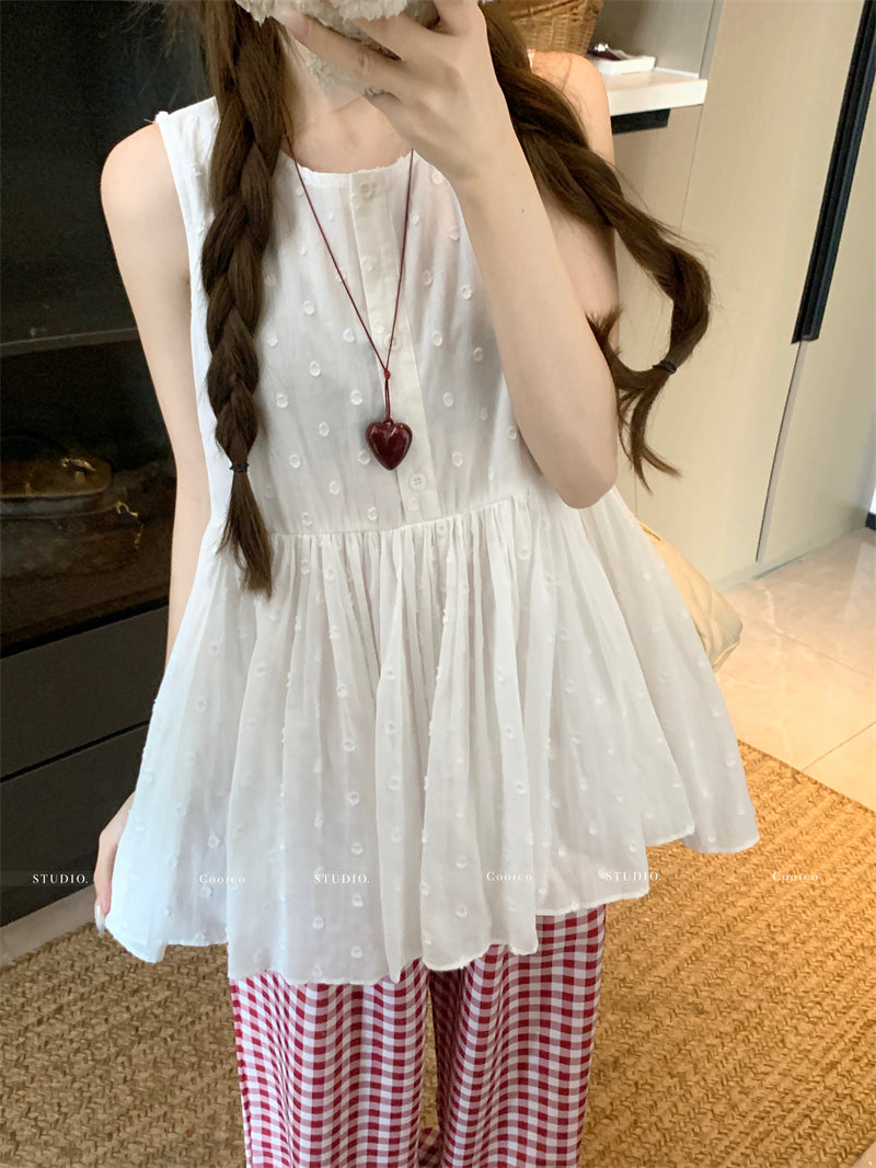 💕溫柔無袖印花蓬蓬背心襯衫