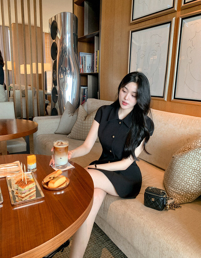 💕韓系氣質小香風翻領收腰小黑裙