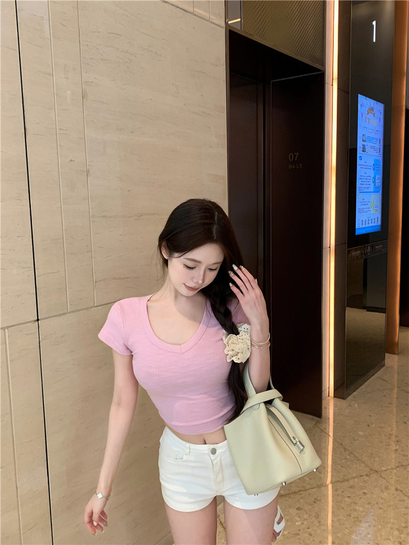 💕韓系簡約顯胸大彈力修身短袖T袖