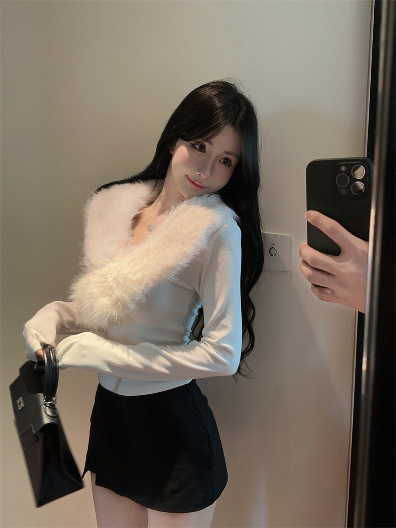 💕純欲辣妹毛領拼接V領長袖修身上衣