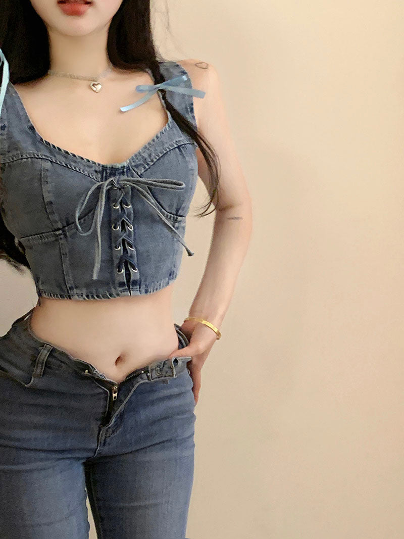💕時尚辣妹綁帶牛仔背心