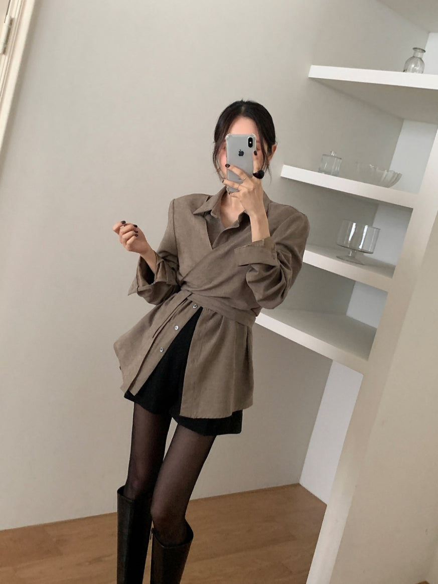 💕韓系秋冬交叉綁帶假兩件百搭襯衫上衣