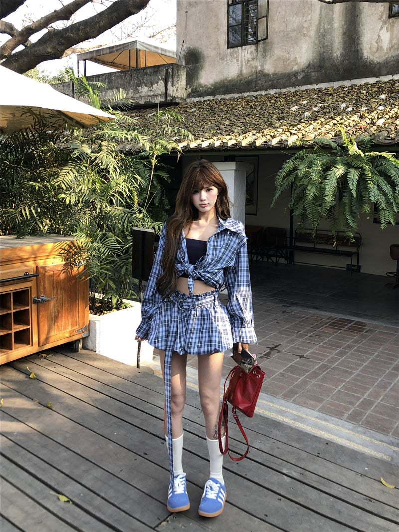 💕藍調風復古格紋襯衫短款褲裙兩件套