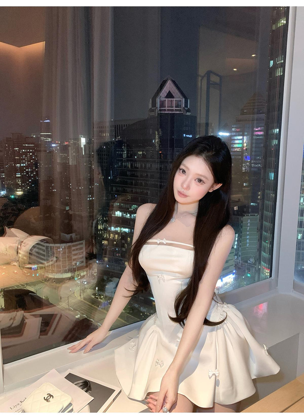 💕簡約氣質名媛緞面抹胸蝴蝶結連身裙