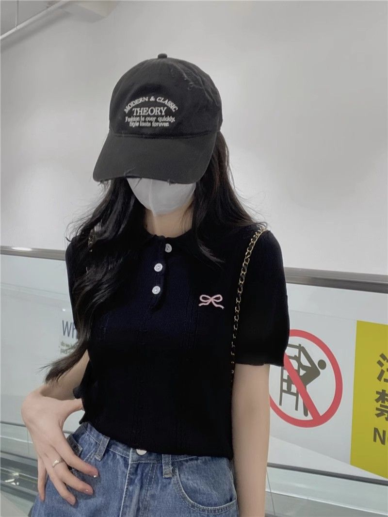 💕百搭甜美POLO領蝴蝶結刺繡針織衫